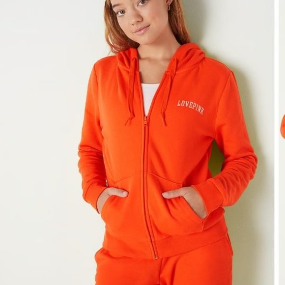 PINK Victoria Secret Fleece Everyday Zip-Up Hoodie Jacket XL Bright Orange Gold - Picture 7 of 9
